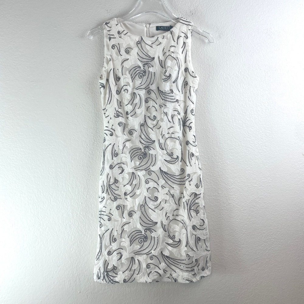 Lauren Ralph Lauren Womens Size 2 White Lace Black Sequin Sheath Cocktail Dress